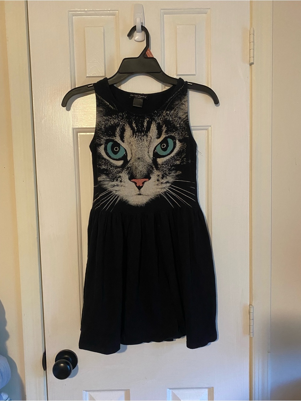 See You Monday Black Tank Dress with Cat Face and Blue Eyes